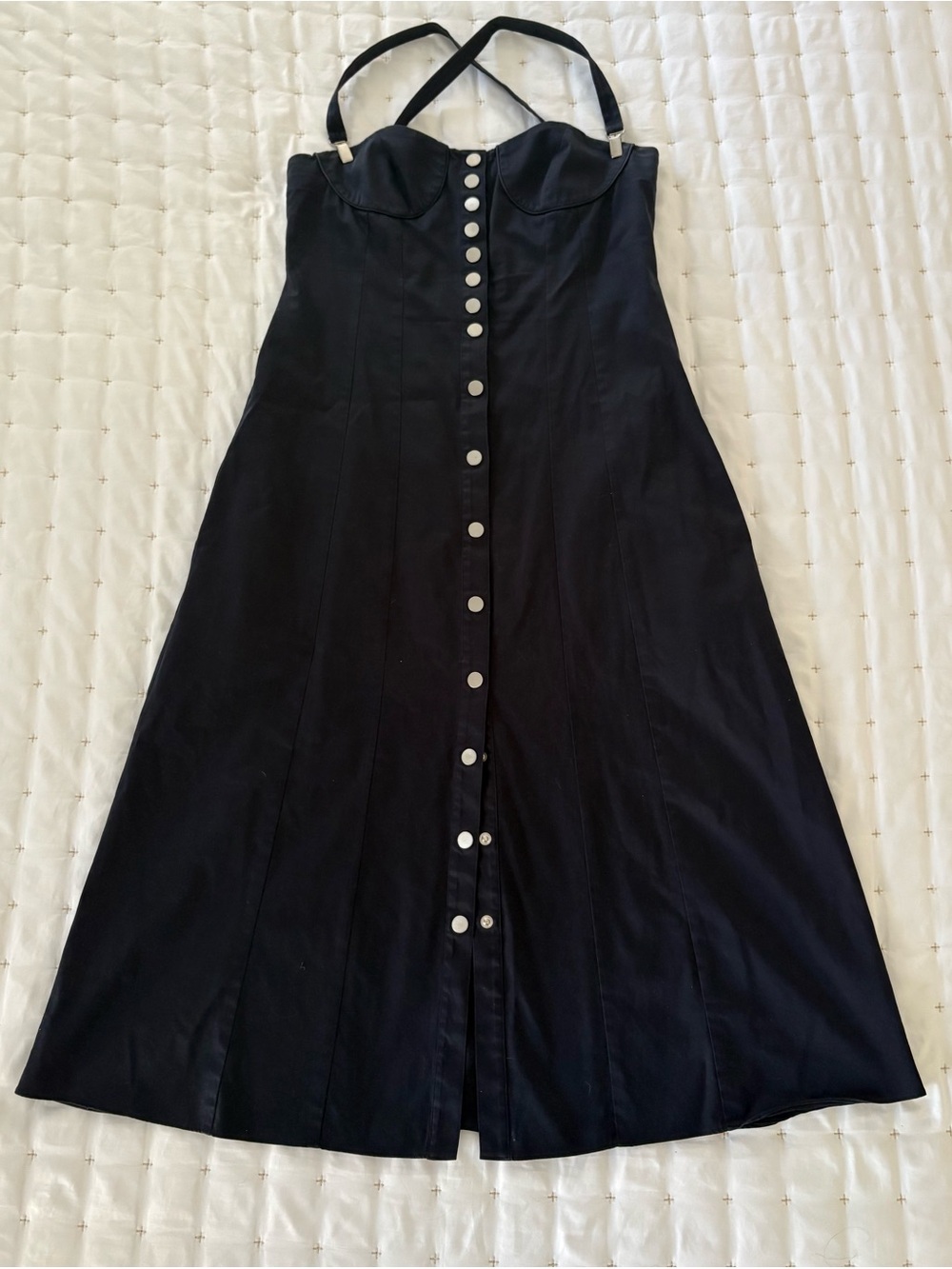 Tibi Navy Midi with Silver Snaps and Suspender Closure Straps